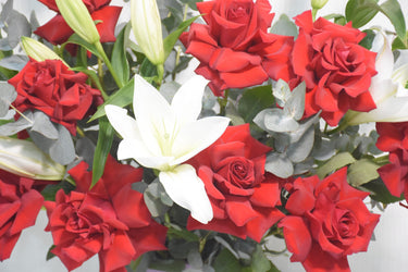 Red Roses, White Lilies, Eucalyptus Arrangement